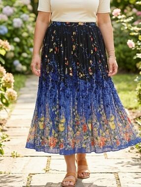 Vintage Le Mieux Studio Pleated Crinkle Floral Maxi Skirt Broomstick Circle Boho